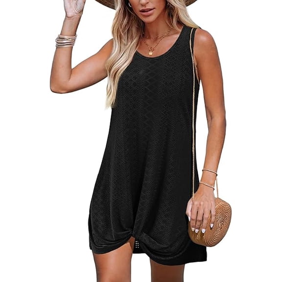 Swimsuit Coverup Summer Dresses for Women 2025 Eyelet Crew Neck Loose Sleeveless Sundresses Twisted Dresses