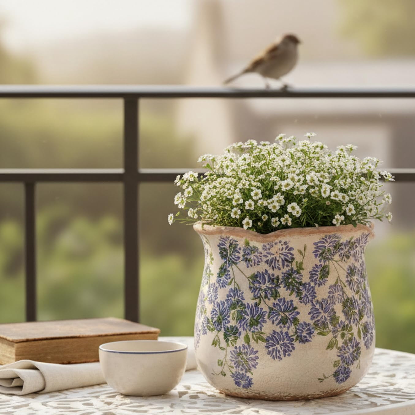 Ceramic Pots for Plants, Vintage Plant Pot with Drainage Hole, 6.11in. Planter for Indoor Plants, Crackle Glaze Finish Flower Pot, Perfect Ceramic Planter for Gardening, Red Blooms