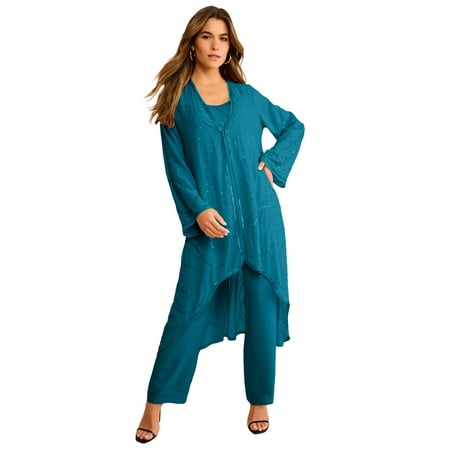 Roaman's Women's Plus Size Petite Plus Size Beaded Georgette 3-Piece Pant Set – Formal Wear
