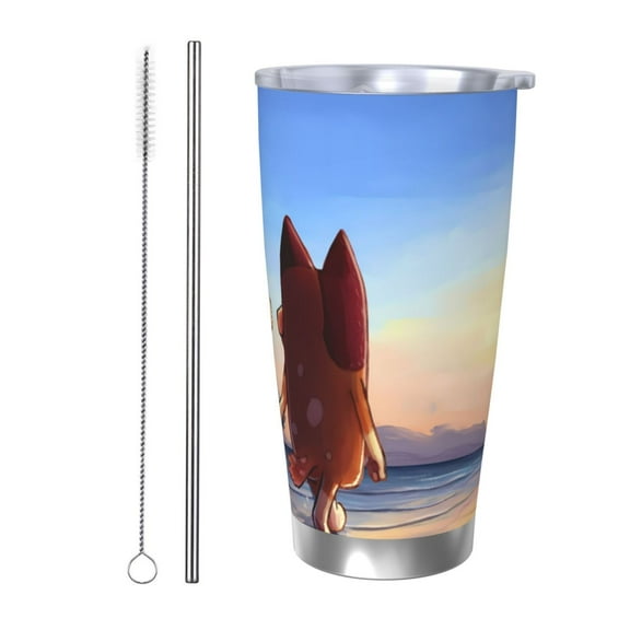 Masiiu Bluey Print 20OZ Car Cup for Travel, Insulated Stainless Steel Cup, Leak-Proof Lid with Straw and Direct Drinking Opening-Straw Two-piece Set