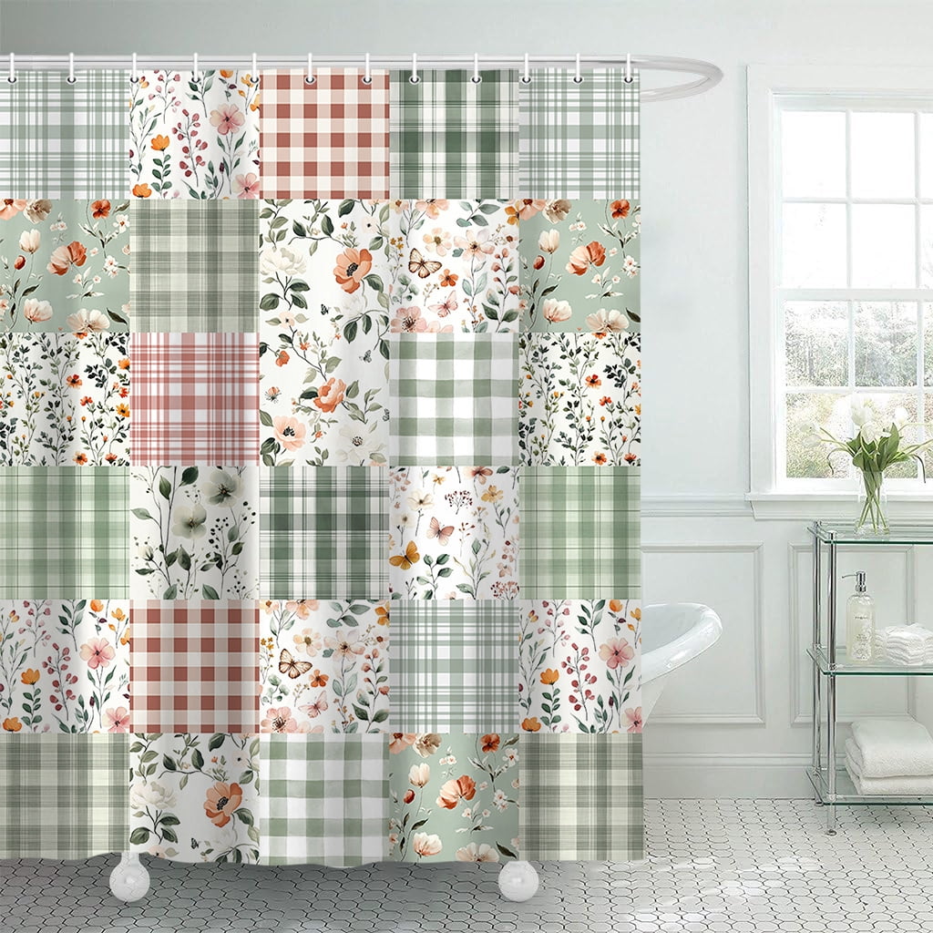 Cute Plaid Floral Shower Curtain, Boho Sage Green Flower Fabric Shower Curtains for Bathroom, Retro Pink Flower Checkered Patchwork Bath Curtain Set Washable Waterproof with 12Hooks,36X72in