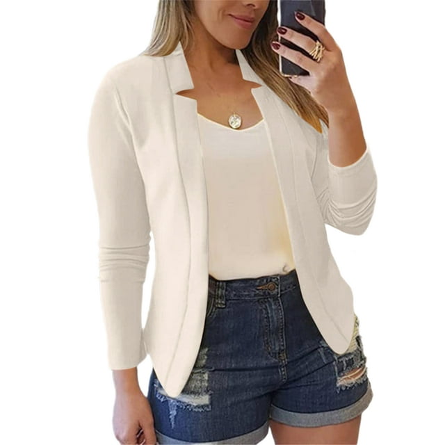 Innerwin Blazers Cardigan à Manches Longues pour Femmes Veste de Bureau Col Montant Courte Vestes d'Affaires Blanc m