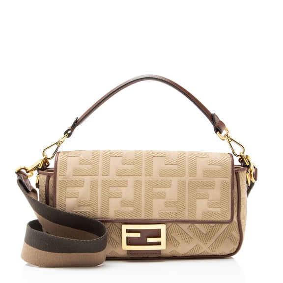 Pre-Owned Fendi FF Embroidered Canvas Baguette Shoulder Bag
