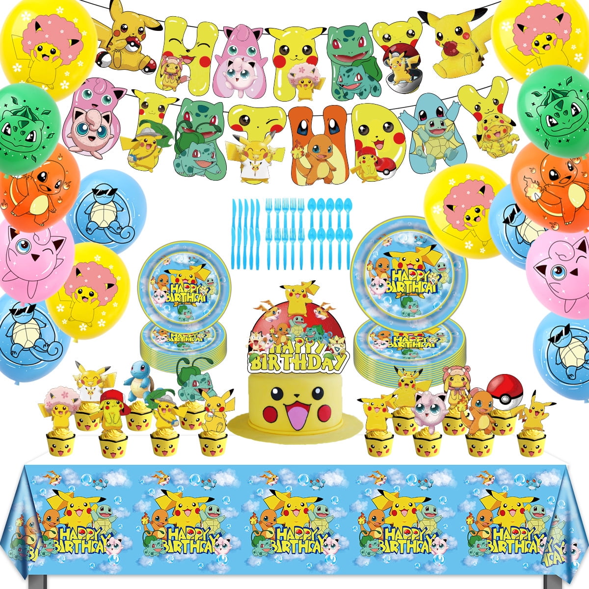 Pikachu Birthday Party Supplies, Including Happy Birthday Party Backdrop, Plates, Cupcake Toppers, Tablecloths, for Girl Boy Pikachu Theme Baby Shower Birthday Party Decorations