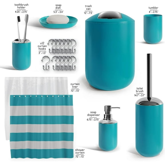 Teal Bathroom Accessory Set - 20PC Shower Curtain with Liner, Toothbrush Holder, Soap Dispenser &