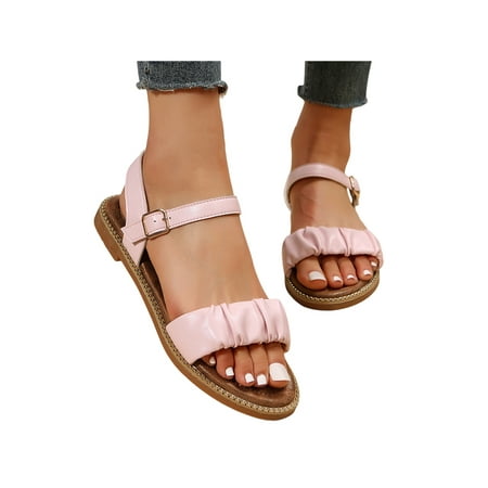 

Welliumy Ladies Sandals Open Toe Flat Sandal Buckle Flats Shopping Casual Shoe Beach Comfort Summer Shoes Pink 7