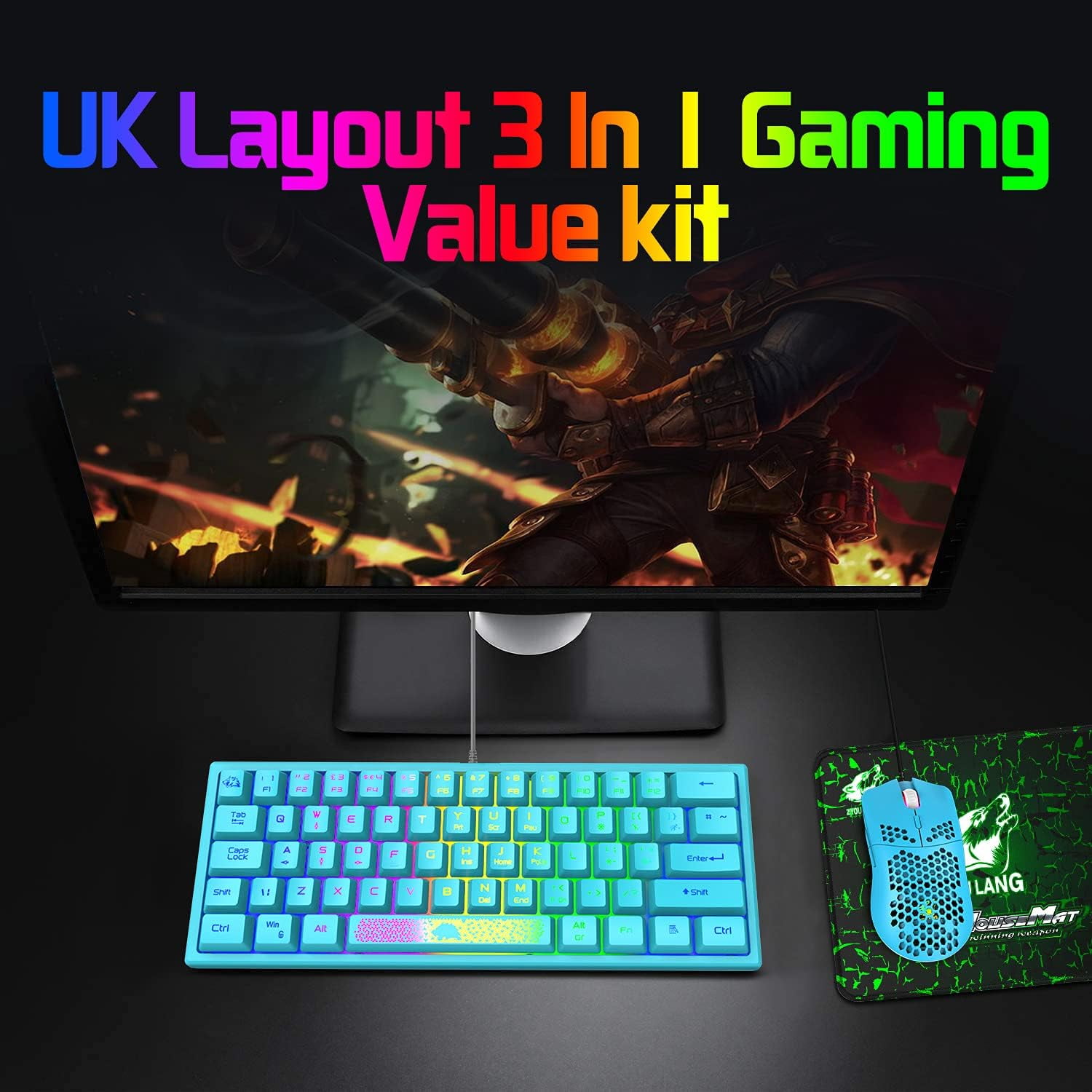 K61 UK Layout RGB 60% Gaming Keyboard Mouse Set Wired 62 Keys Mini Portable Keyboard 7 RGB LED Backlit 19 key Anti-ghosting + 6400 DPI Ultralight Gaming Mouse Honeycomb Shell +Mouse Pad -Blue
