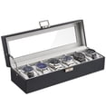 thumbnail image 1 of Estuche para Relojes, Organizador de Joyas Relojero Multifuncional Caja Joyería Cuero PU Almohadilla Suave Tapa Cristal Vidrio Almacenamiento Porta Reloj para Hombres -6 Ranuras, Negro, 1 of 7