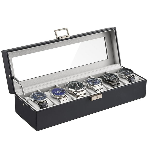 Estuche para Relojes, Organizador de Joyas Relojero Multifuncional Caja Joyería Cuero PU Almohadilla Suave Tapa Cristal Vidrio Almacenamiento Porta Reloj para Hombres -6 Ranuras, Negro