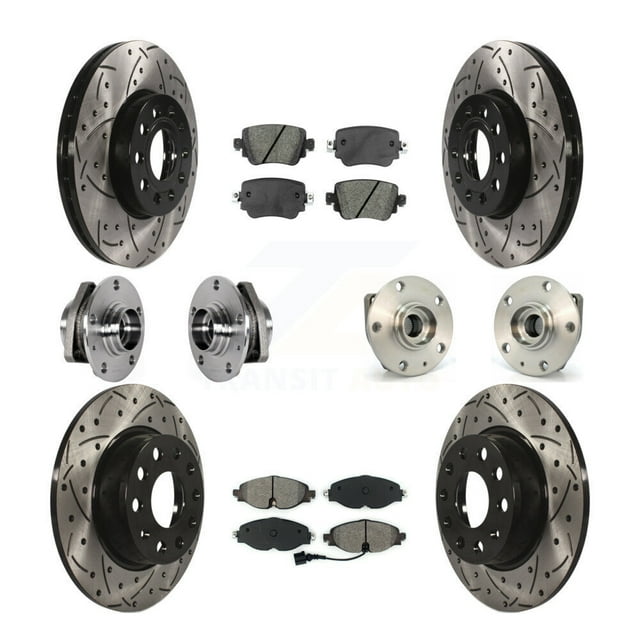 Transit Auto Front Rear Hub Bearings Assembly Coated Disc Brake Rotors and Semi-Metallic Pads Kit (10Pc) for Car 2017-2019 Volkswagen Golf SportWagen AWD with 80mm Pilot Diameter - KBB-123772