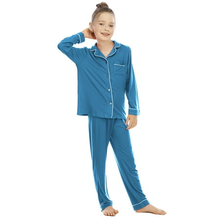 KYAIGUO 2PCS Kids Toddler Cotton Pajamas Set for Boys Girls Long Sleeve Button down Pjs Sleepwear Loungewear for 5-14T