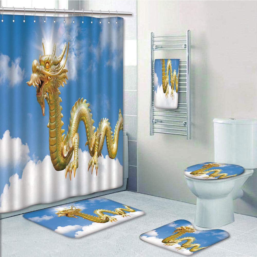 Oriental Blue Dragon Shower Curtain Bath Mat Toilet Cover Rug Bathroom Decor Set 