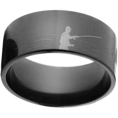 10mm Flat Black Zirconium Ring with a Fisherman Picture Lasered Around the Ring