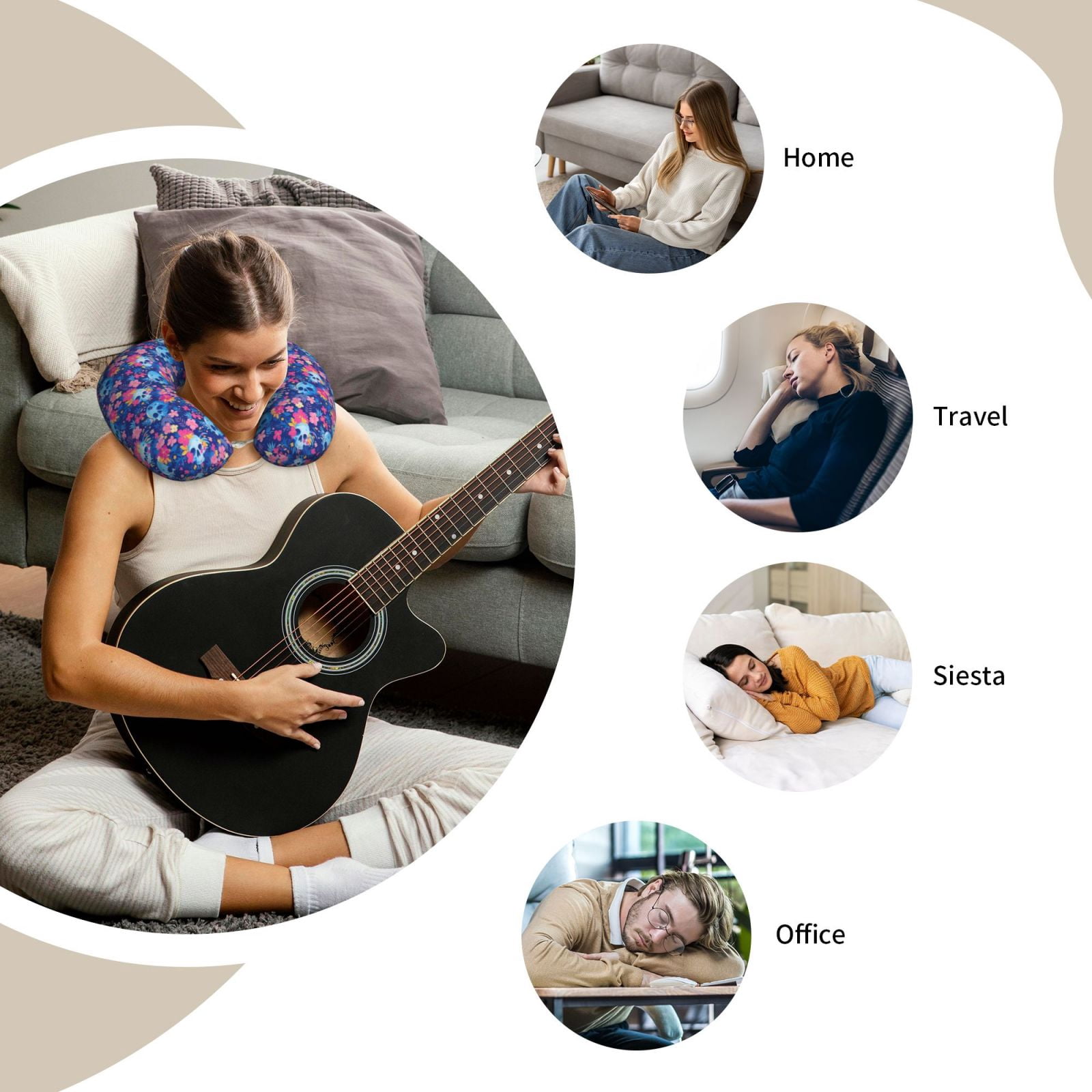 Xecao Blue Skull Flower Print Memory Foam Cervical Neck Pillow Versatile U-Shaped Pillows for Home,Office,Camping,Travelling,Soft Washable Cover