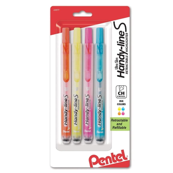 Pentel® Handy-Line S™ 54% Recycled Retractable Highlighters, Chisel Point, Assorted, Pack Of 4