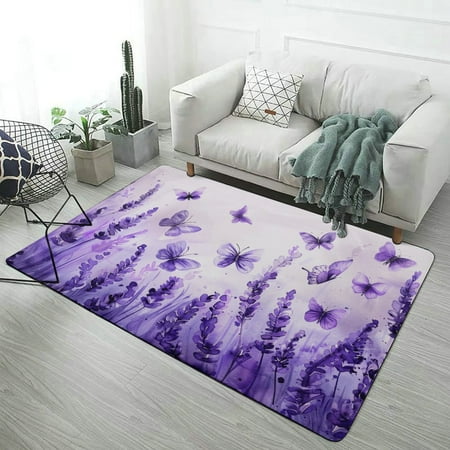 

Washable Area Rug - Living Room Rugs Soft Stain Resistant Non Slip Faux Wool Accent Carpet for Bedroom Dining Room Home Studio Office - Lavender Butterfly Flying - Extra Large
