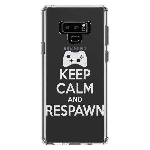DistinctInk Clear Shockproof Hybrid Case for Samsung Galaxy Note 9 - TPU Bumper Acrylic Back Tempered Glass Screen Protector - Keep Calm and Respawn Gamer Video Games