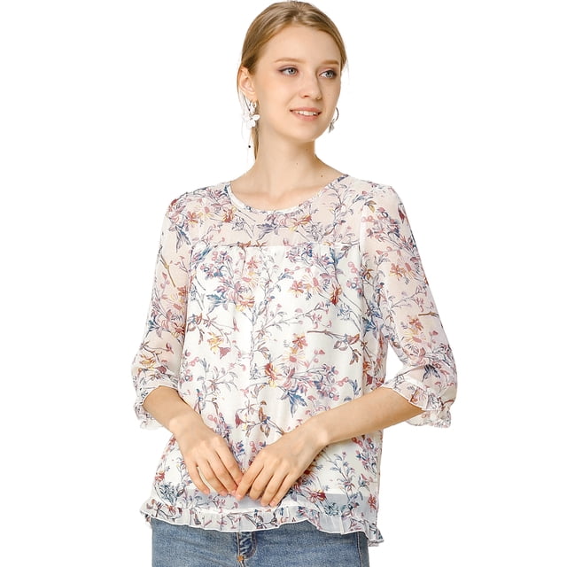 BluCasual De GaCon Estampado Floral De Man3/4 Con Volantes PaMujer Blanco XS