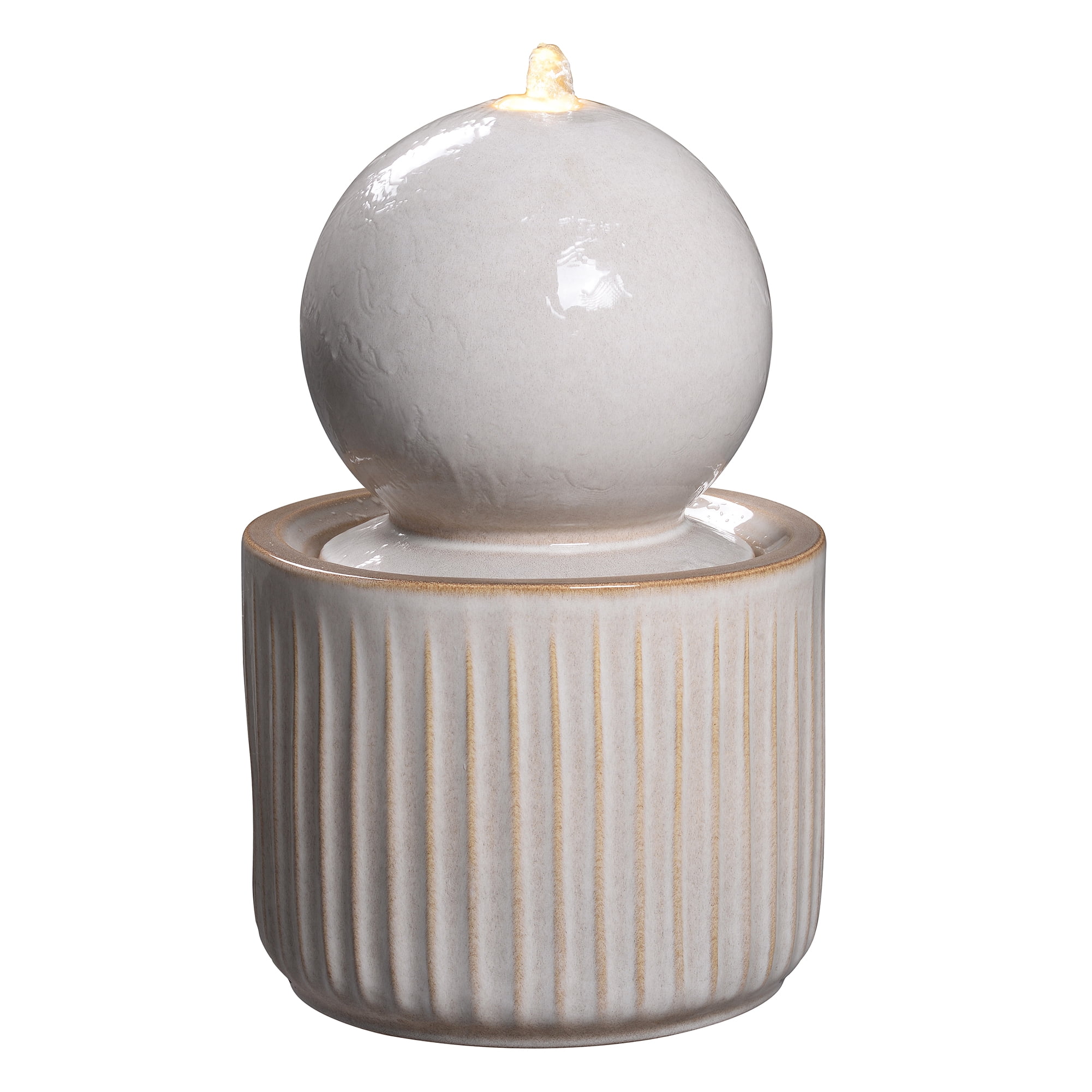 Ivory Ceramic Sphere Fountain, Decorative Water Fountain with LED Lights and Quiet Pump, Indoor Outdoor Water Feature for Patio, Garden, Deck, Balcony, Office and Home Décor