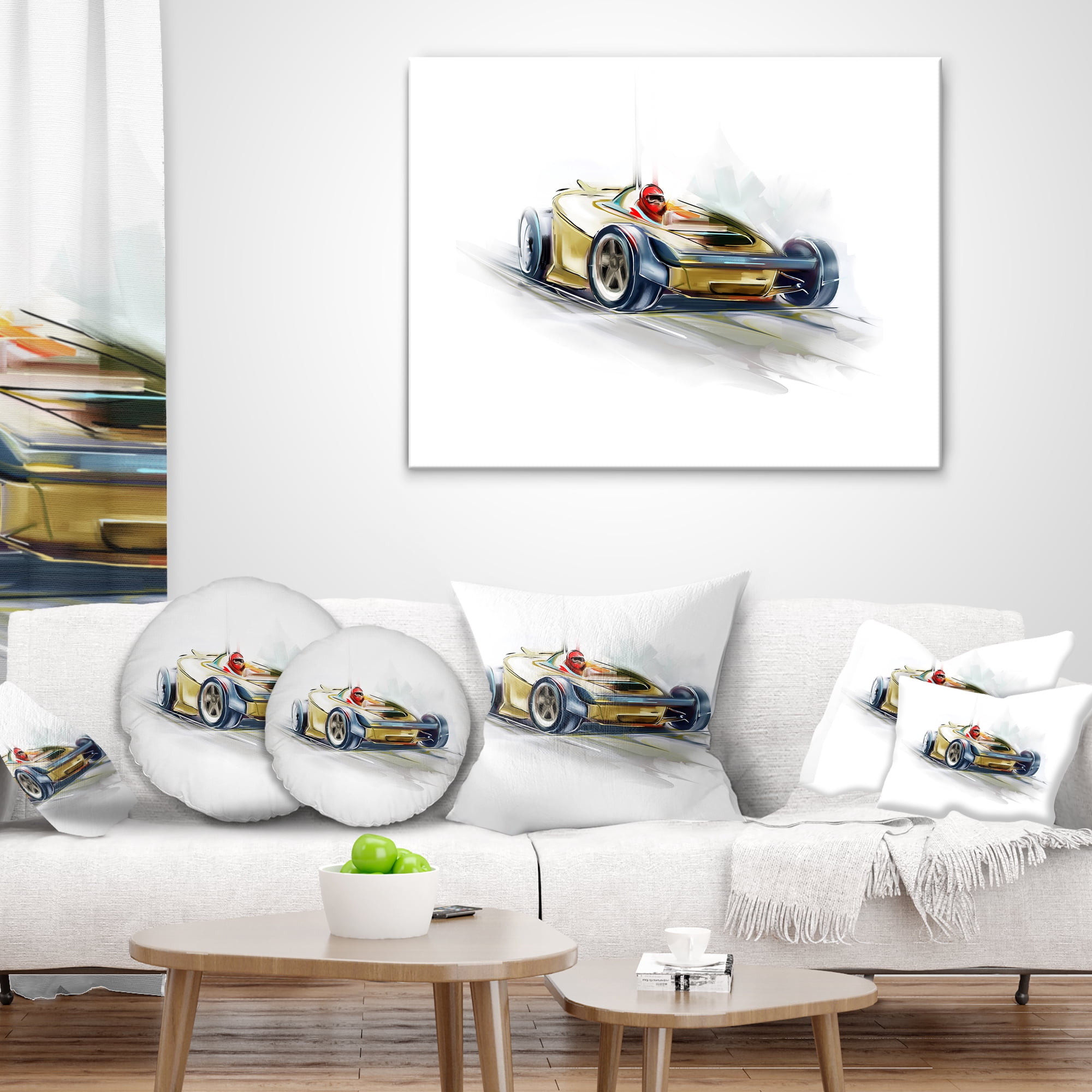 Designart Yellow Formula One Car - Digital Art Car Throw Pillow - 12x20
