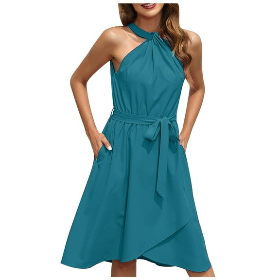Arnsht Womens Summer Fashion Dress Halter Wedding Guest Casual Beach Vacation Outfits Belted Sundresses with Pockets Blue L
