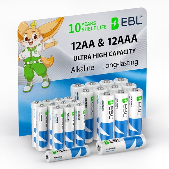 EBL AA & AAA Alkaline Batteries, 24 Pack(12 Double A 12 Triple A), 1.5V Long Lasting Power, Ultra High Capacity, 10 Year Shelf Life, Zero Leakage Household Batteries