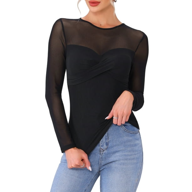 INSPIRAR CHIC Blusa de Mujer de Manga Larga de Malla Transparente con Cuello Redondo de Doble Capa para Fiesta Club Tops XS Negro