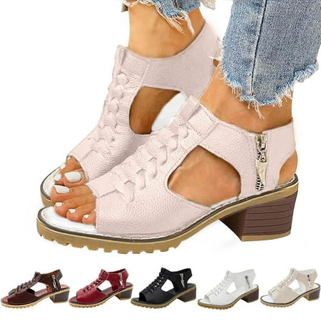 

ZHELIYO Women s sandals Women Open Toe Ankle Strap Zipper Back High Heel Sandals Chunky Heel Sandal Beige 8