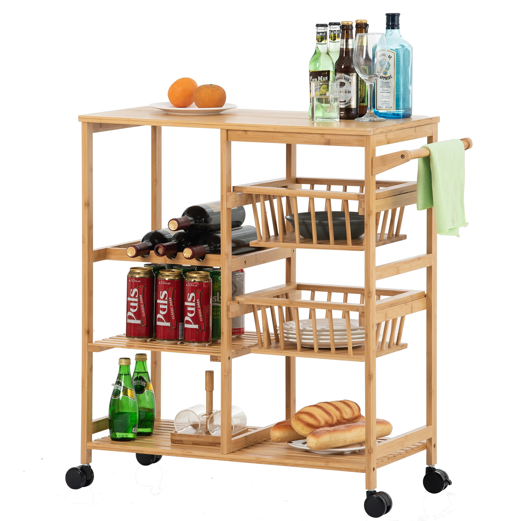 Resenkos Natural Bamboo Bar Serving Cart with Wine Rack, Towel Rack and 2 Open Basket, Coffee Station and Microwave Stand for Kitchen Storage