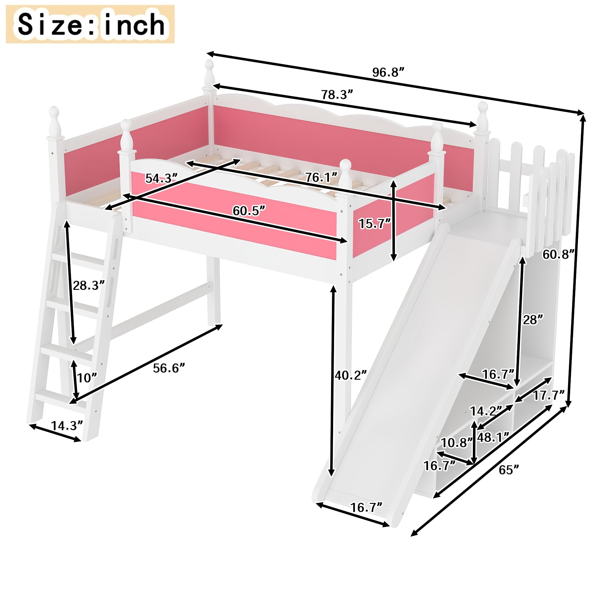 Leumius Full Loft Bed Frame with Storage Shelves and Wardrobe, Solid Wood Loft Bed with Detachable Slide and Ladders for Kids Teens Adults Pink and White