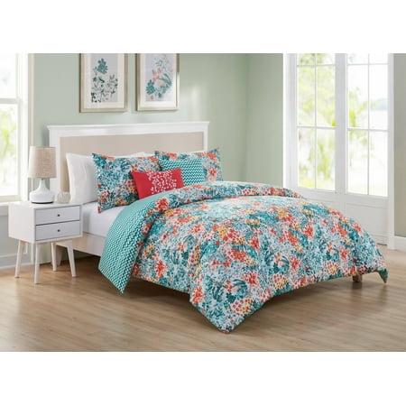 VCNY Home Blue/Coral Kayla 4/5 Piece Bedding Duvet Cover Set, Shams and Decorative Pillows