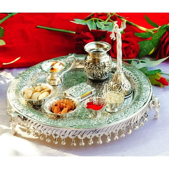 German silver elephant design nakkashi aarti thali set for housewarming pooja /diwali/festival