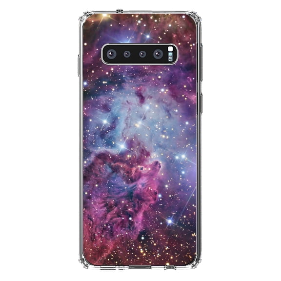DistinctInk Clear Shockproof Hybrid Case for Samsung Galaxy S10  PLUS(6.4" Screen) - TPU Bumper, Acrylic Back, Tempered Glass Screen Protector - Pink Purple Blue Fox Fur Nebula -Astronomy