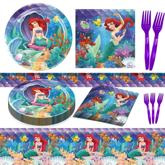 Princess Birthday Party Decorations Disposable Dinnerware Set for 20 Guests Tablecloth Forks Plates and Napkins Set for Girl Birthday Party Supplies Under the Sea Party Favors
