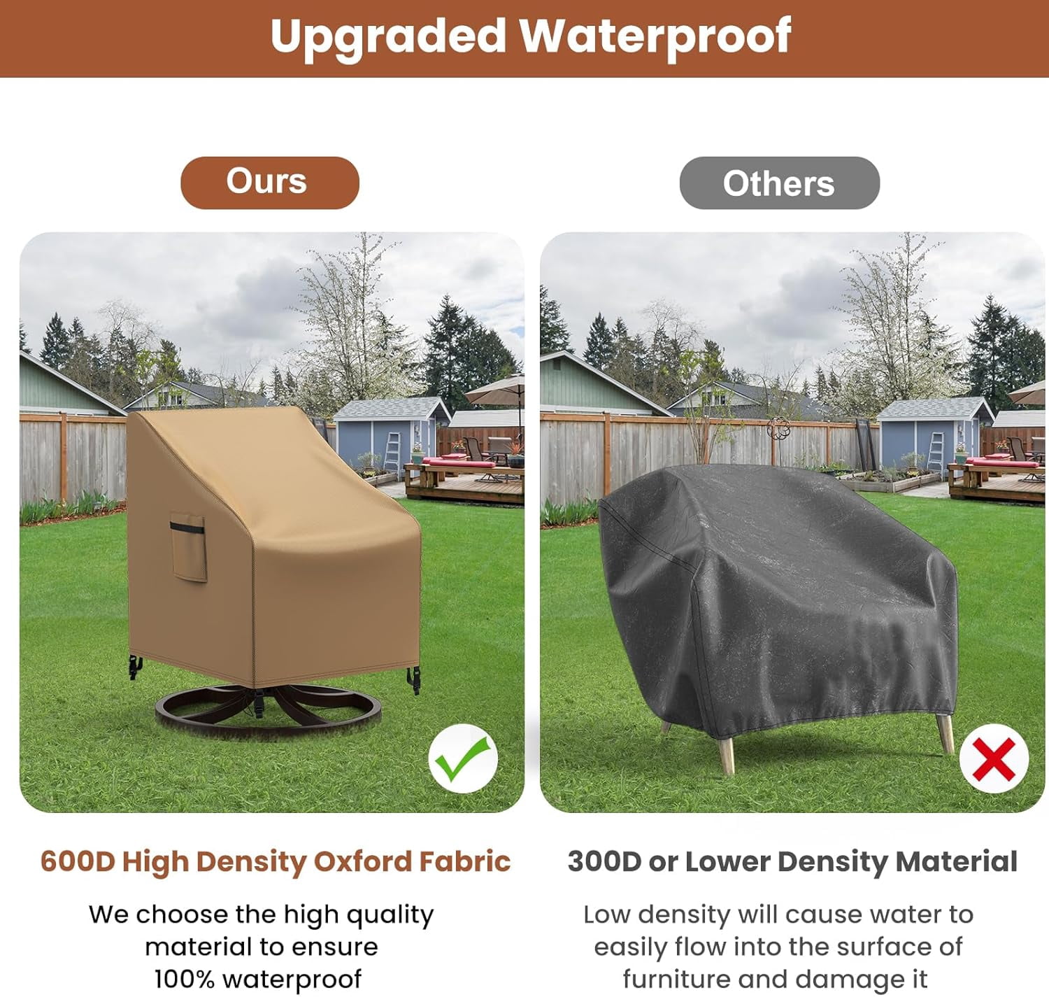 Outdoor Swivel Lounge Chair Cover Waterproof, 2 Pack Heavy Duty Patio Rocking Chair Covers for Outdoor Furniture, 33" W×37" D×38.5" H, Brown