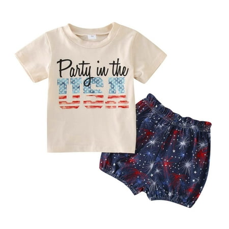 

Boy Clothes Outfit Set Toddler Boys Girls Independence Day 4 Of July Short Sleeve Letter T Shirt Tops Star Prints Shorts Outfits