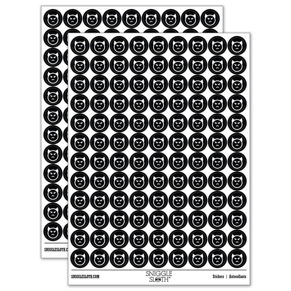 Angry Devil Face Emoticon 200 Round Stickers - Black - Gloss Finish - 0.50" Size