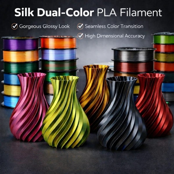 18 Rolls Dual Color Silk PLA Filament Set, 1.75mm Glossy Shiny Co-Extrusion 3D Printer Filament for Art & Decorative Prints