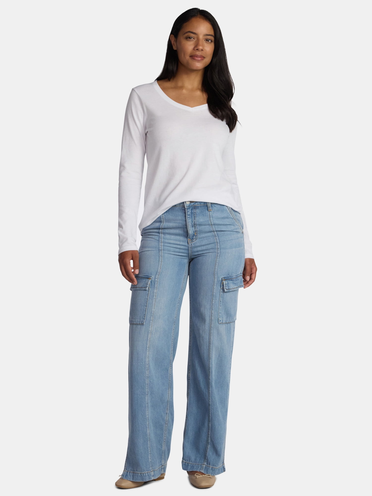 Time and Tru Women's Cotton V-Neck Tee with Long Sleeves, Sizes XS-XXXL