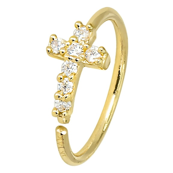 20G 14K Yellow Gold Cross CZ Nose Hoop Ring Twist-open 5/16"(8mm) Unisex Nose Ring CZ Stones 14KNH37CRS-CZYG