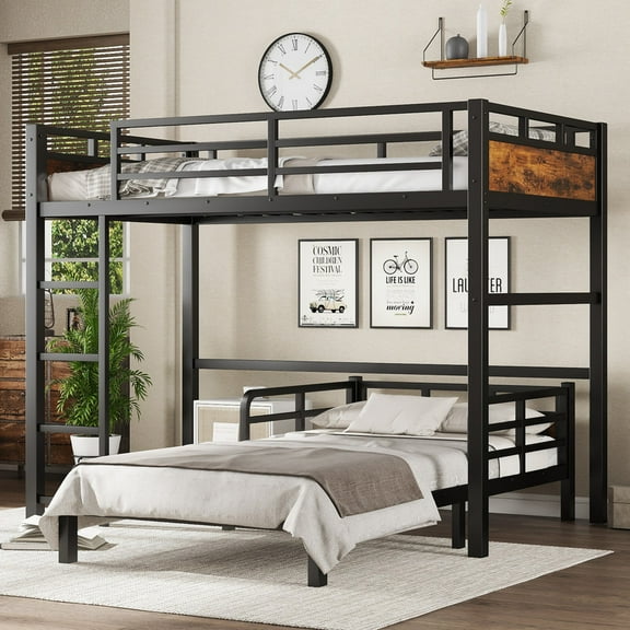 Bellemave Twin XL Over Twin XL Bunk Bed, Separable Bunk Beds Frame with Headboard and Rails, Metal Bunk Beds Can Turns Into Loft Bed and Platform Bed for 2 People(Vintage Wood Black)