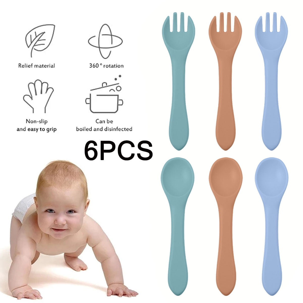  6 Pieces Silicone Baby Feeding Forks and Spoons Set Hot Safety  First Stage Self Feeding Supplies Mini Kids Utensils for Over 6 Months  Babies Boy Girl Toddlers First Foods (Nature Color) 