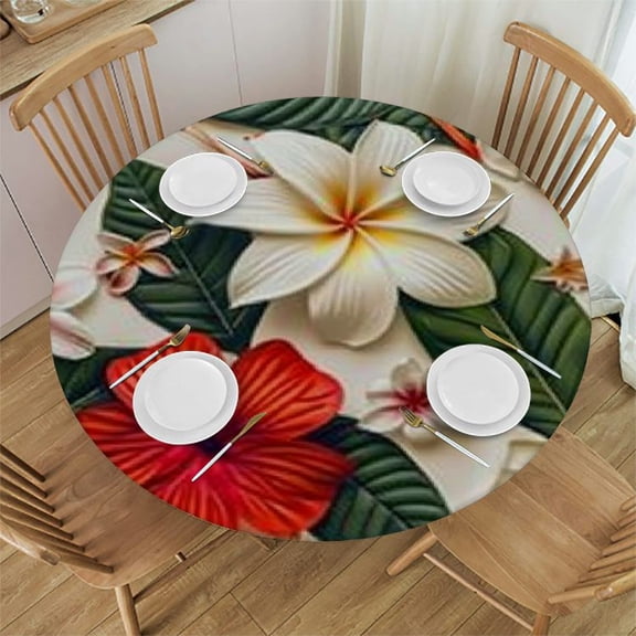 HAOXIT Round Fitted Tablecloth with Elastic Seasonal Flowers Elastic Table Cover Round Elastic Tablecloth for Round Table, Waterproof Wipeable Fitted Table Cloth, Fits Round Table 31-35