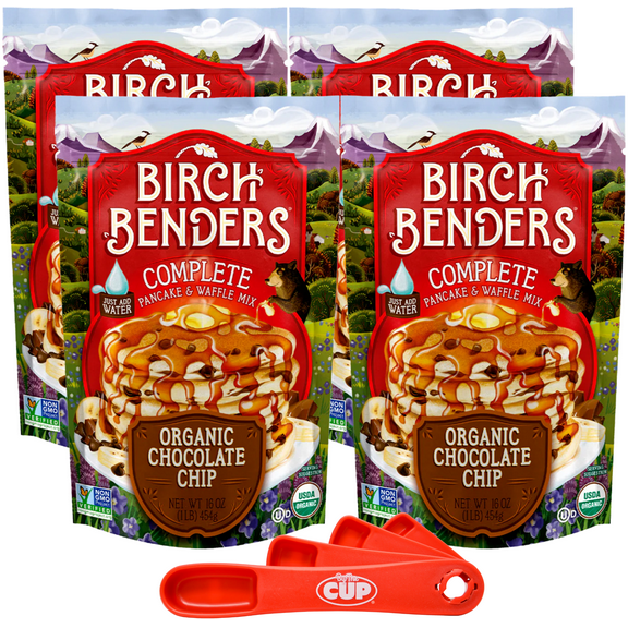 Birch Benders Organic Chocolate Chip Pancake and Waffle Mix, 16 oz (Pack of 4) with By The Cup Swivel Spoons
