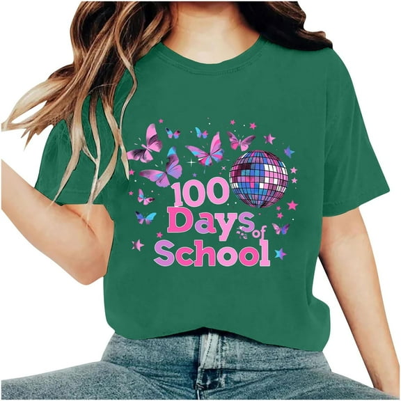 Youyipin Womens Tops 100 Days Of School Shirt For Women Teacher Graphic T-Shirt Happy 100Th Day Of School Gift Round Neck Short Sleeve Tee Tops Spring Tops For Women