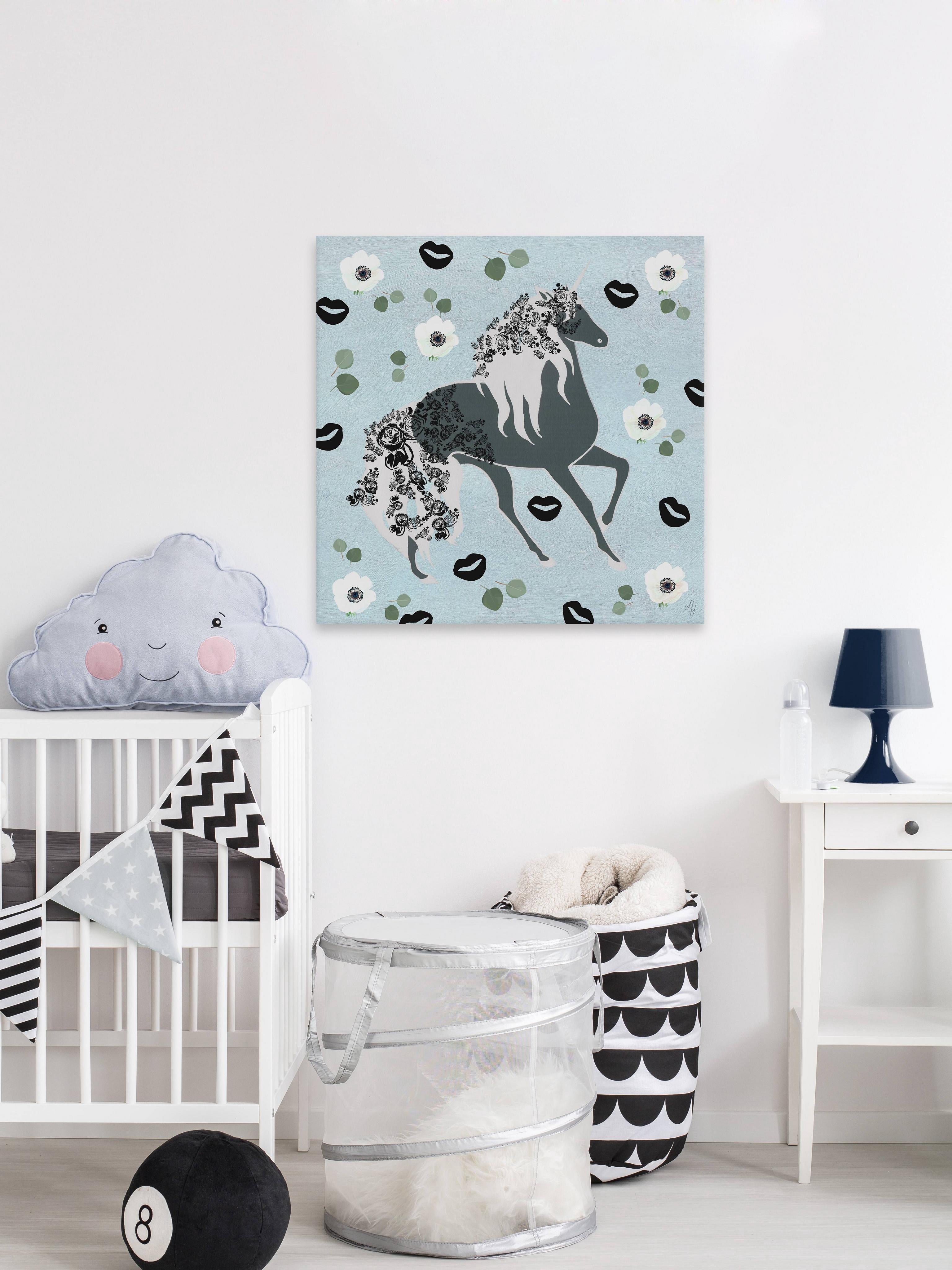 Marmont Hill Black Floral Unicorn Canvas Wall Art