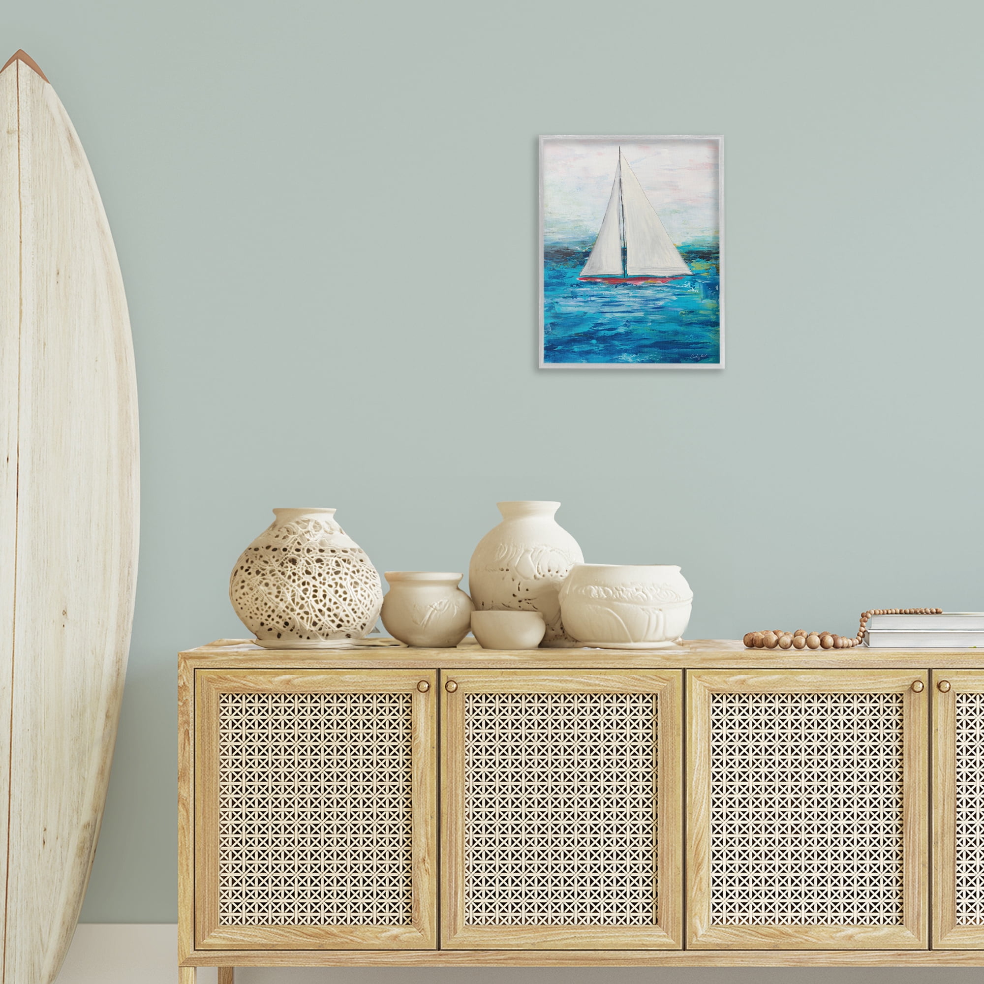 Stupell Industries Boat Setting Sail Coastal Painting Gray Framed Art Print Wall Art, 16 x 20