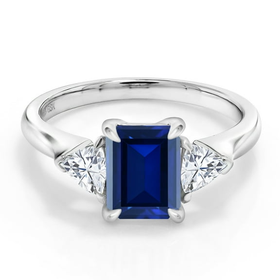 Gem Stone King 1.82 Cttw Blue Created Sapphire and White Moissanite 3-Stone Ring for Women | 925 Sterling Silver | 8X6MM Emerald Cut and 3.5 Trillion | Gemstone Birthstone (Size 7)