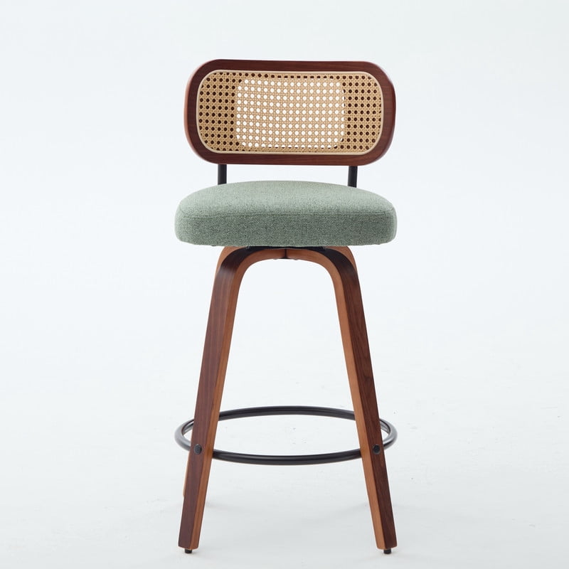 Set of 2 Swivel Upholstered Bar Stools, 26in Counter Height Rattan Backrest Accent Pub Chairs Counter Stools