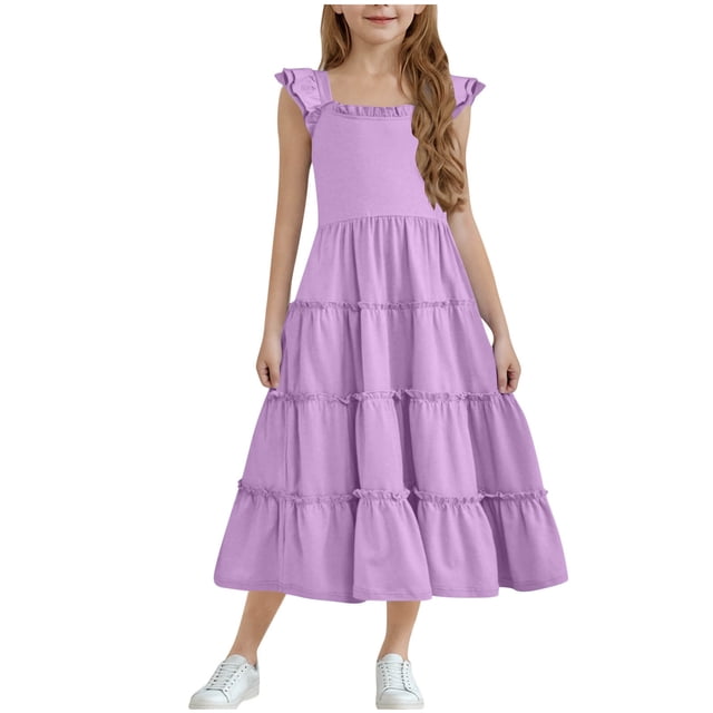 Diufon Robe Maxi pour Filles Été Décontractée à Manches Cap, Robe Trapèze, Ourlet à Volants, Robe Fluide pour Préados 3-13 Ans